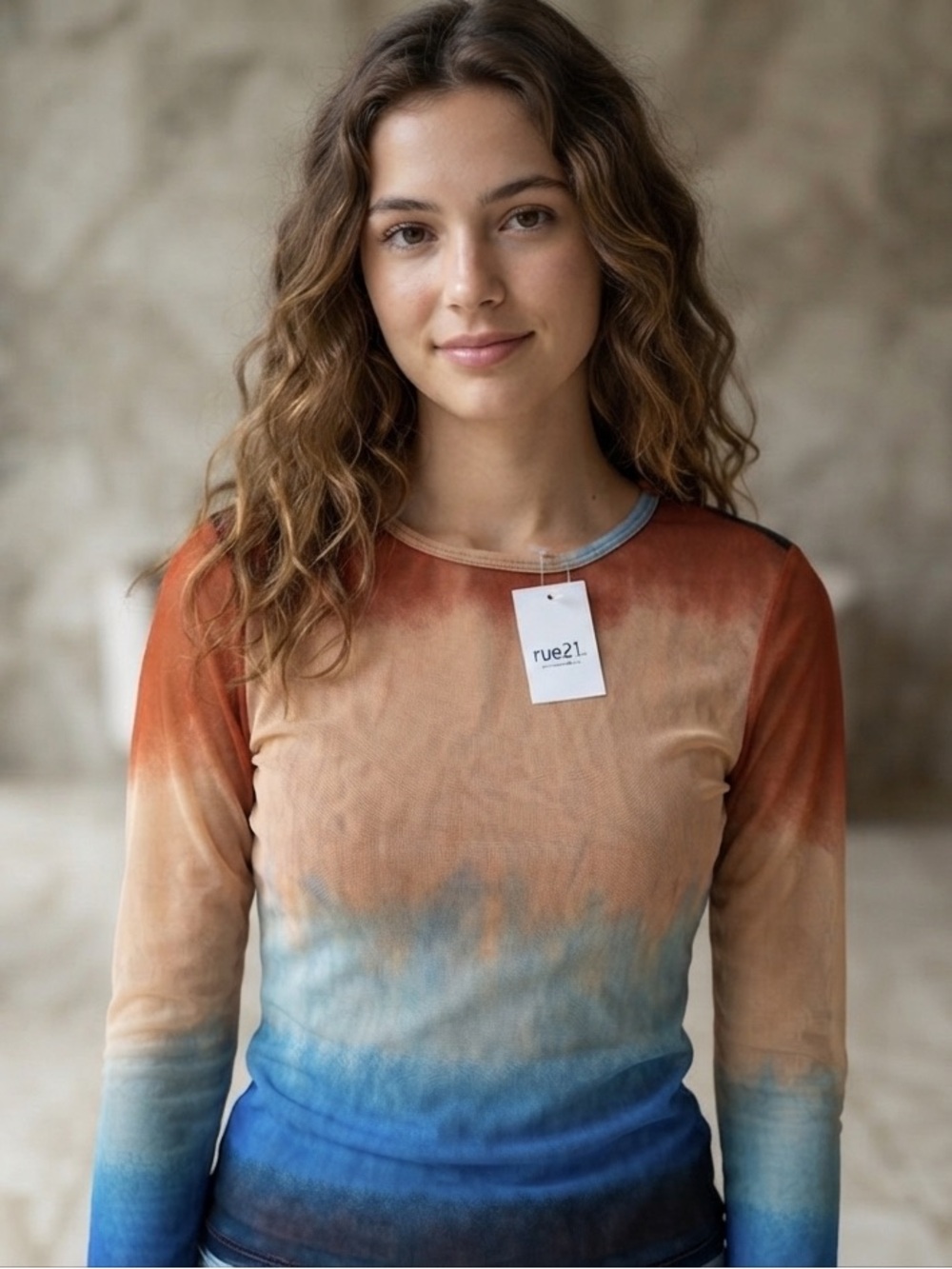 Rue21 Ombre Long Sleeve Crewneck Top - Rust, Tan & Blue
